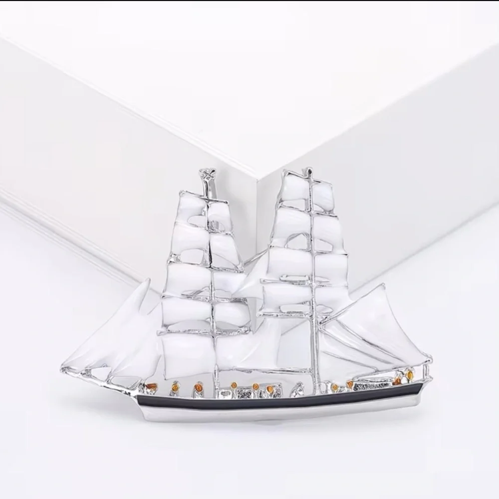 Vintage-Inspired Silver-Tone Nautical Clipper Ship Brooch